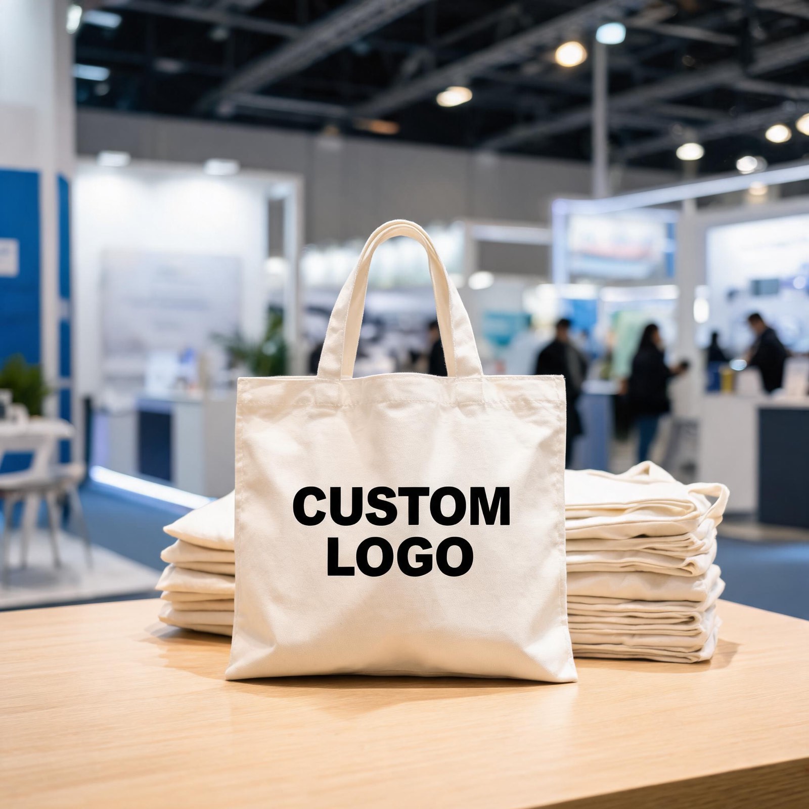 Stacked custom logo totes at a corporate trade show booth