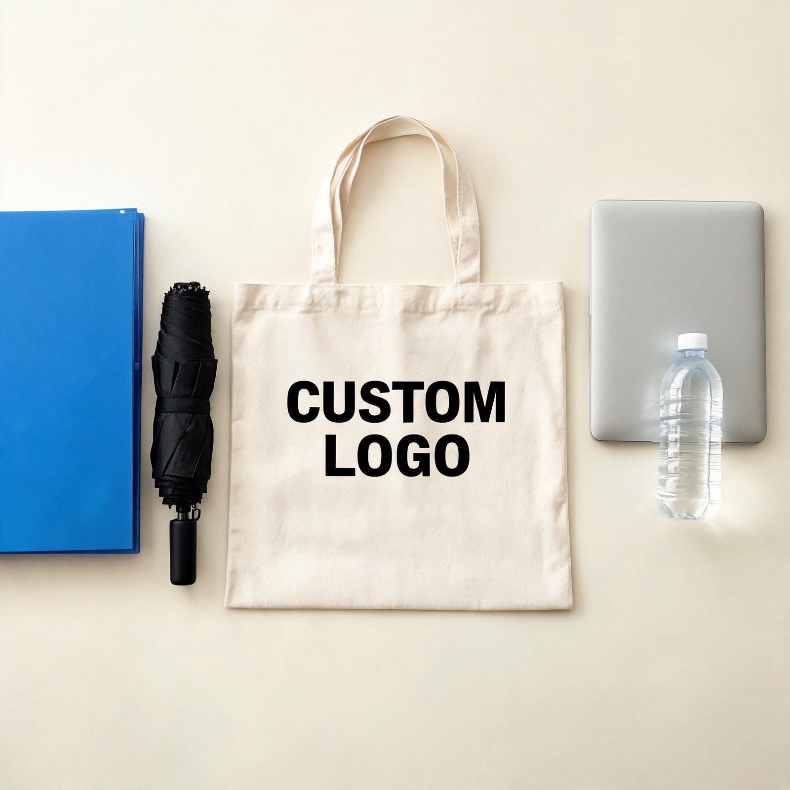 Top-down flat lay with folder, umbrella, laptop and water bottle around the tote