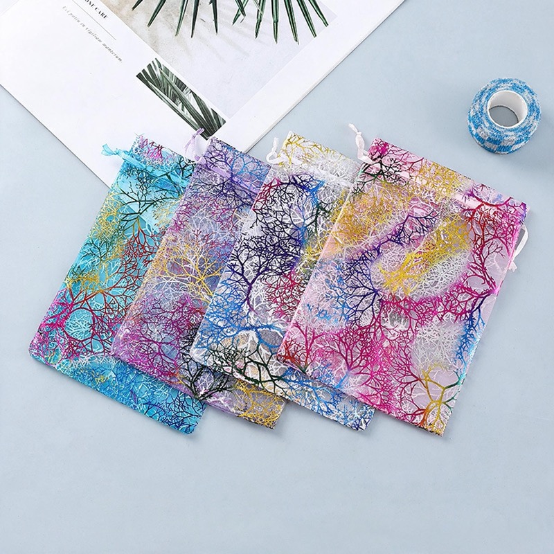 Organza Drawstring Gift Bag with Coral Foil Print — Sheer Jewellery & Favour Pouch — specifications and construction detail