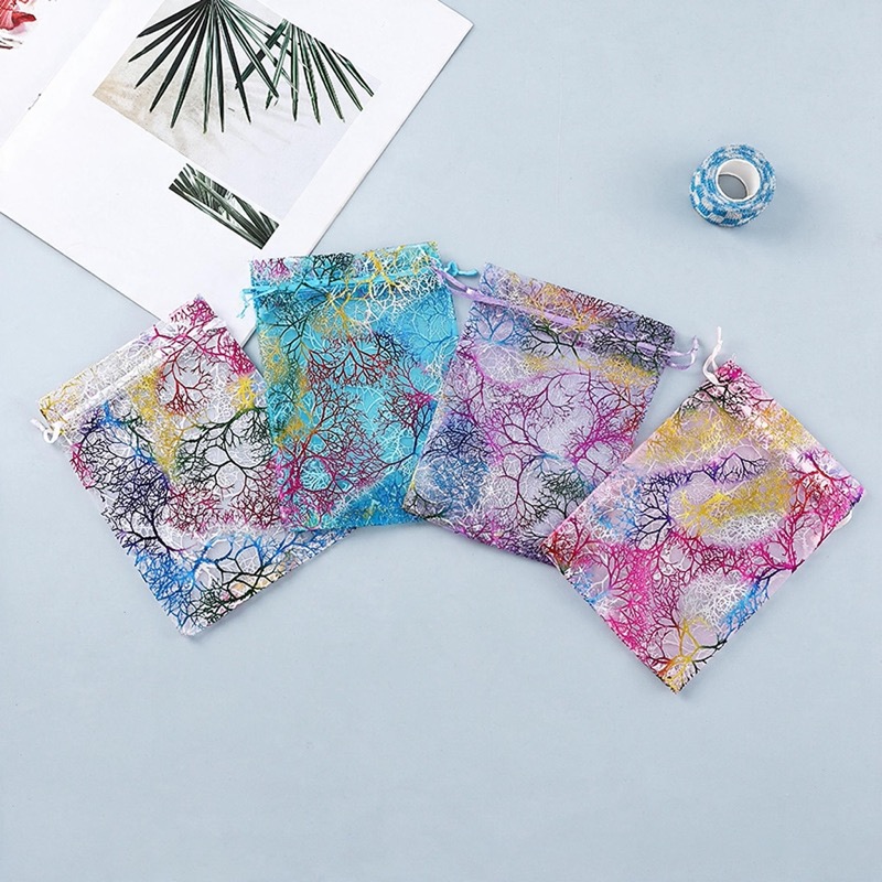 Organza Drawstring Gift Bag with Coral Foil Print — Sheer Jewellery & Favour Pouch — specifications and construction detail