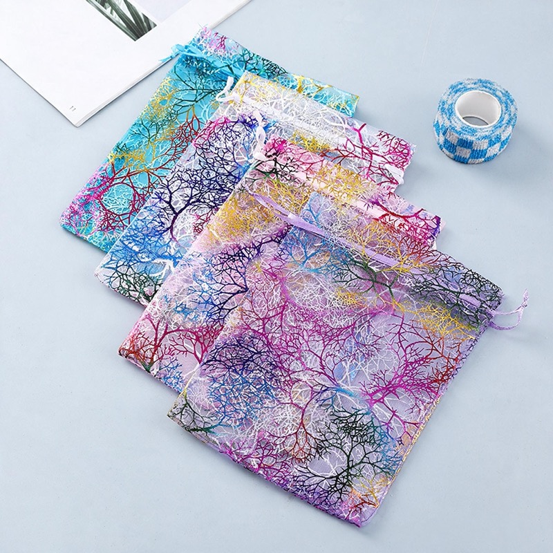 Organza Drawstring Gift Bag with Coral Foil Print — Sheer Jewellery & Favour Pouch — specifications and construction detail