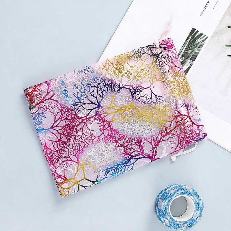 Organza Drawstring Gift Bag with Coral Foil Print — Sheer Jewellery & Favour Pouch — specifications and construction detail