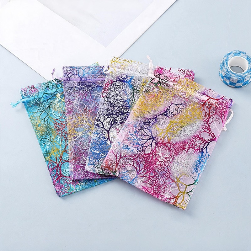 Organza Drawstring Gift Bag with Coral Foil Print — Sheer Jewellery & Favour Pouch — custom wholesale drawstring gift pouches, made in our own factory