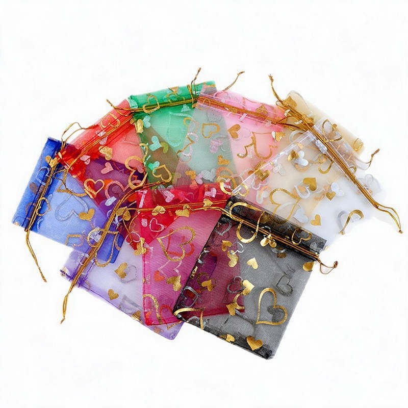 Foil Rose & Heart Organza Drawstring Bag — Hot-Stamped Wedding & Party Favour Pouch — specifications and construction detail