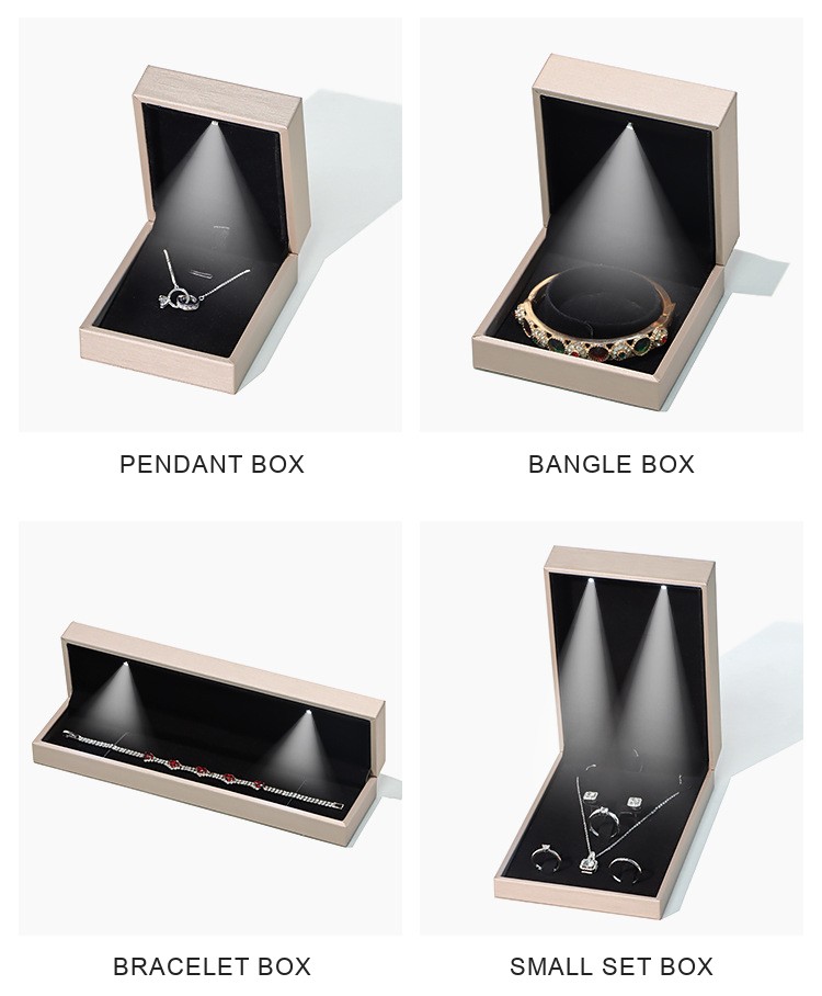 LED Lighted Brushed PU Leather Jewellery Box — Ring, Pendant, Bangle, Bracelet & Set Cases — specifications and construction detail