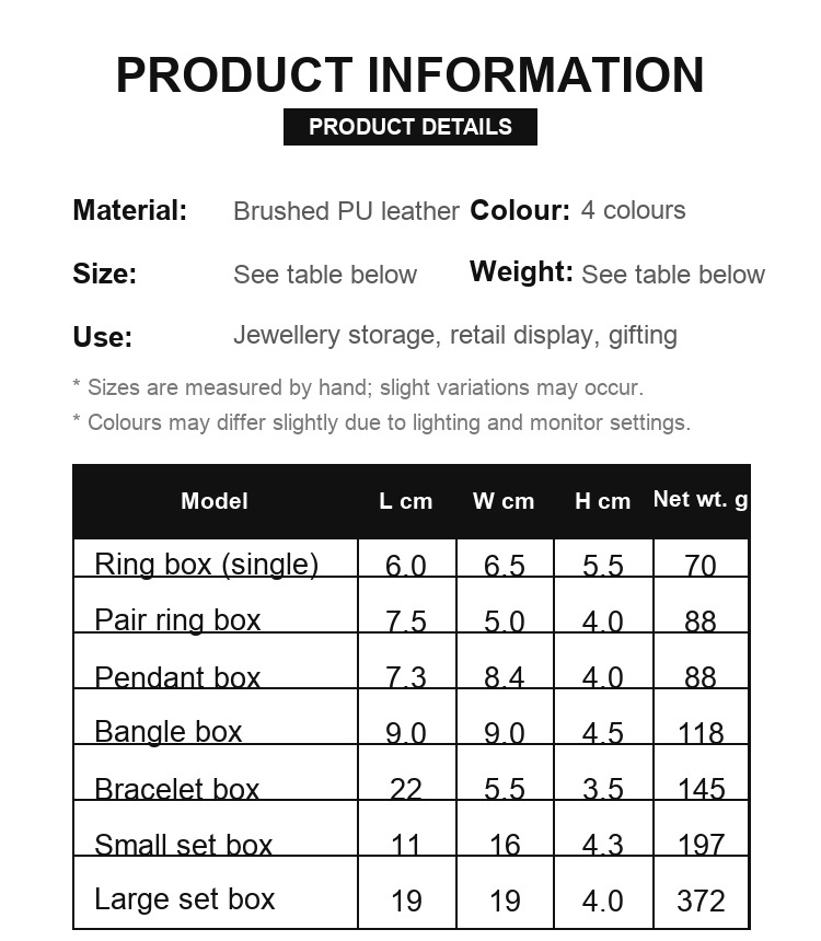 LED Lighted Brushed PU Leather Jewellery Box — Ring, Pendant, Bangle, Bracelet & Set Cases — specifications and construction detail