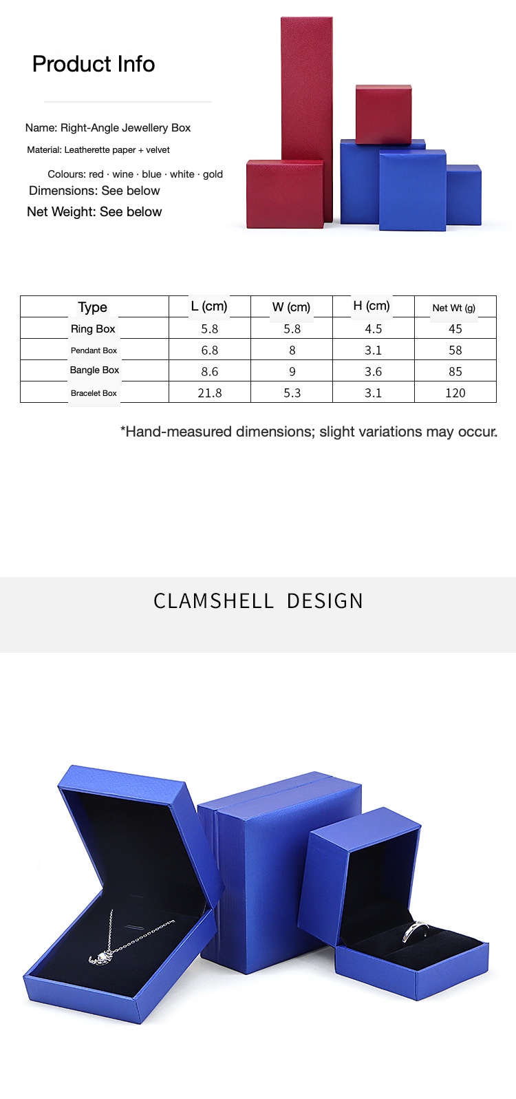 Right-Angle Leatherette Jewellery Box — Ring, Pendant, Bangle & Bracelet Cases — specifications and construction detail