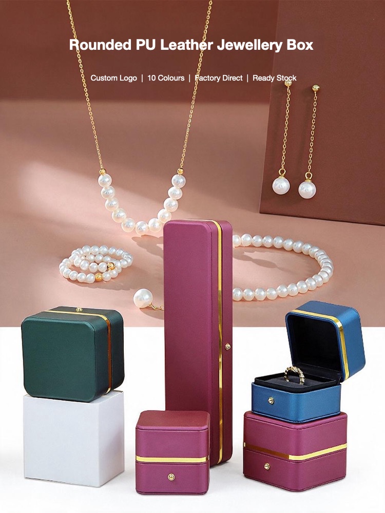 Rounded Gold-Edge PU Leather Jewellery Box — Ring, Pendant, Bangle & Bracelet Cases — specifications and construction detail