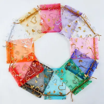Foil Rose & Heart Organza Drawstring Bag — Hot-Stamped Wedding & Party Favour Pouch