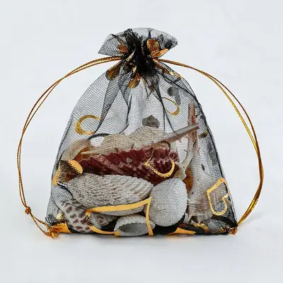 Foil Rose & Heart Organza Drawstring Bag — Hot-Stamped Wedding & Party Favour Pouch