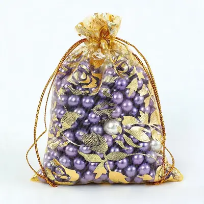 Foil Rose & Heart Organza Drawstring Bag — Hot-Stamped Wedding & Party Favour Pouch