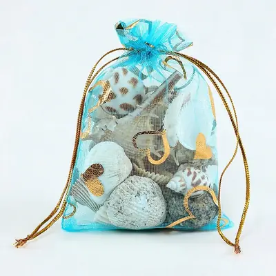 Foil Rose & Heart Organza Drawstring Bag — Hot-Stamped Wedding & Party Favour Pouch