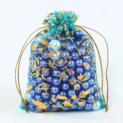 Foil Rose & Heart Organza Drawstring Bag — Hot-Stamped Wedding & Party Favour Pouch