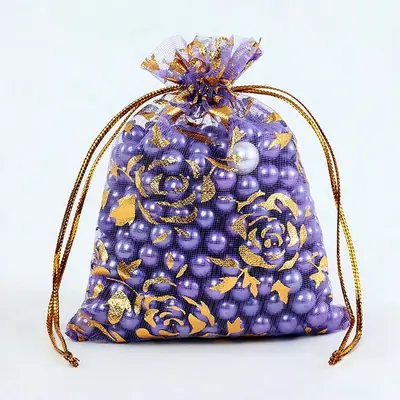 Foil Rose & Heart Organza Drawstring Bag — Hot-Stamped Wedding & Party Favour Pouch