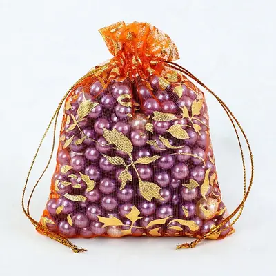 Foil Rose & Heart Organza Drawstring Bag — Hot-Stamped Wedding & Party Favour Pouch