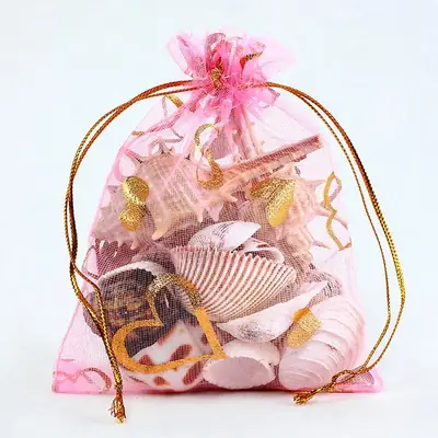 Foil Rose & Heart Organza Drawstring Bag — Hot-Stamped Wedding & Party Favour Pouch
