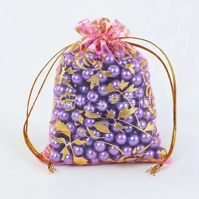 Foil Rose & Heart Organza Drawstring Bag — Hot-Stamped Wedding & Party Favour Pouch