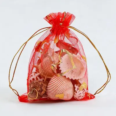 Foil Rose & Heart Organza Drawstring Bag — Hot-Stamped Wedding & Party Favour Pouch