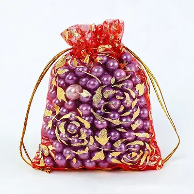 Foil Rose & Heart Organza Drawstring Bag — Hot-Stamped Wedding & Party Favour Pouch