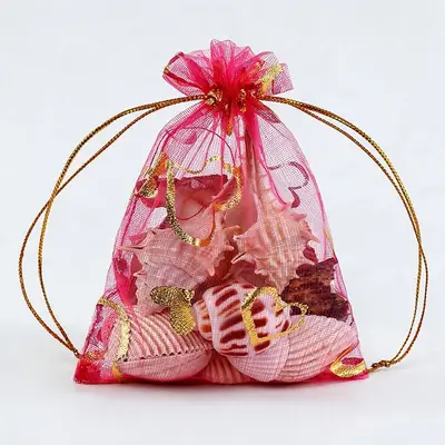 Foil Rose & Heart Organza Drawstring Bag — Hot-Stamped Wedding & Party Favour Pouch