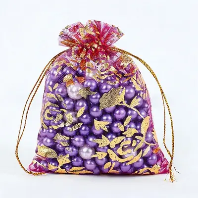 Foil Rose & Heart Organza Drawstring Bag — Hot-Stamped Wedding & Party Favour Pouch