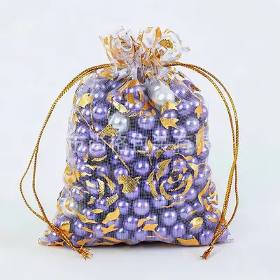 Foil Rose & Heart Organza Drawstring Bag — Hot-Stamped Wedding & Party Favour Pouch