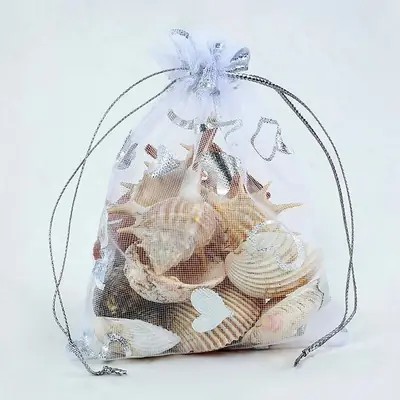 Foil Rose & Heart Organza Drawstring Bag — Hot-Stamped Wedding & Party Favour Pouch