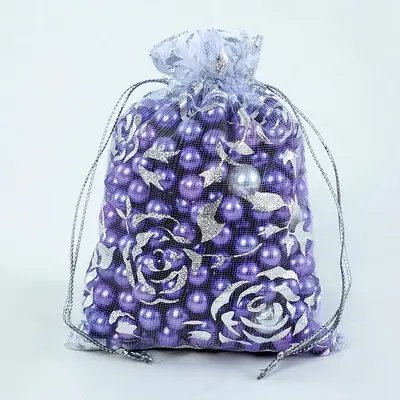Foil Rose & Heart Organza Drawstring Bag — Hot-Stamped Wedding & Party Favour Pouch