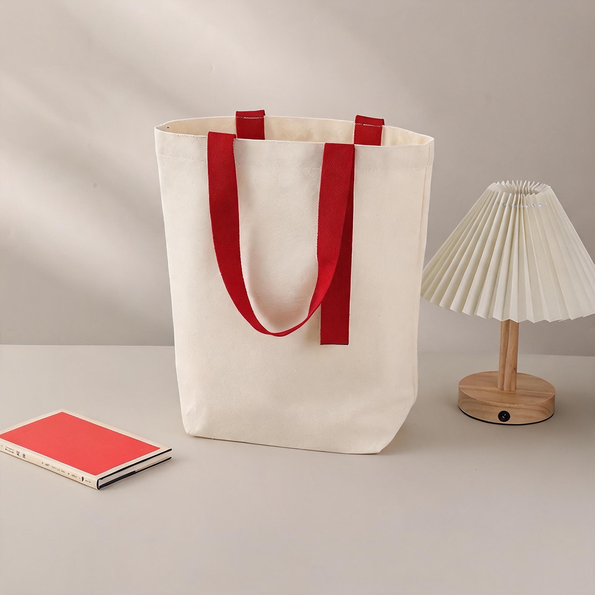 Red Gusseted Ribbon Handle - 12 oz Heavy Poly-Cotton - Size 35 x 40 / 12 oz Poly-Cotton Canvas